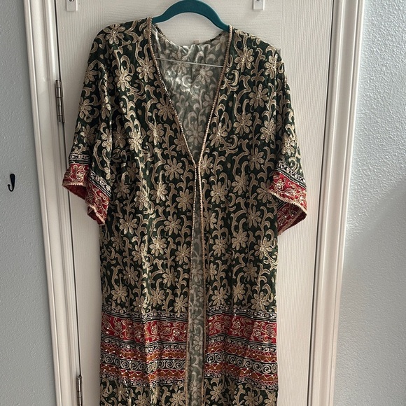 Soft Surroundings Soft Tariji Topper Green Gold Open Front Kimono Women’s M - Picture 3 of 13